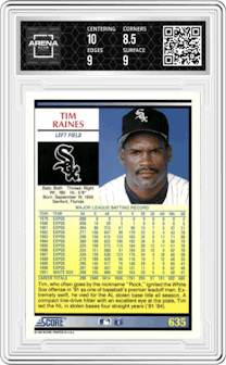 Tim Raines from the 1992 Score set graded by Arena Club and given an overall grade of 9.