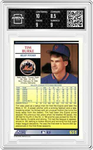 Tim Burke from the 1992 Score set graded by Arena Club and given an overall grade of 9.