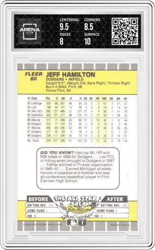 Jeff Hamilton from the 1989 Fleer set graded by Arena Club and given an overall grade of 8.5.