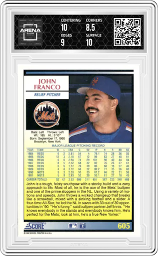 John Franco  from the 1992 Score set graded by Arena Club and given an overall grade of 9.