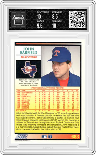 John Barfield from the 1992 Score set graded by Arena Club and given an overall grade of 9.