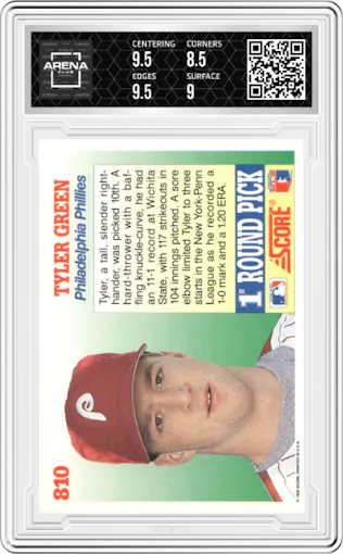 Tyler Green from the 1992 Score set graded by Arena Club and given an overall grade of 9.