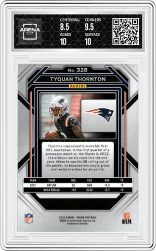 Tyquan Thornton from the 2022 Panini Prizm set graded by Arena Club and given an overall grade of 9.