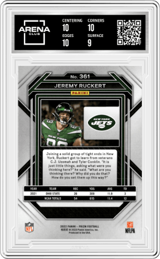  Jeremy Ruckert from the 2022 Panini Prizm set graded by Arena Club and given an overall grade of 9.5.
