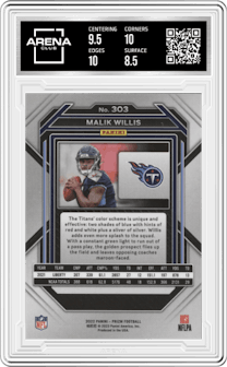 Malik Willis from the 2022 Panini Prizm set graded by Arena Club and given an overall grade of 9.