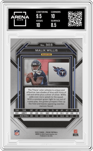 Malik Willis from the 2022 Panini Prizm set graded by Arena Club and given an overall grade of 9.