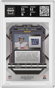 Daniel Bellinger from the 2022 Panini Prizm set graded by Arena Club and given an overall grade of 9.5.