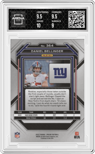Daniel Bellinger from the 2022 Panini Prizm set graded by Arena Club and given an overall grade of 9.5.