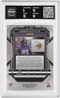 Andrew Booth Jr. from the 2022 Panini Prizm set graded by Arena Club and given an overall grade of 9.5.