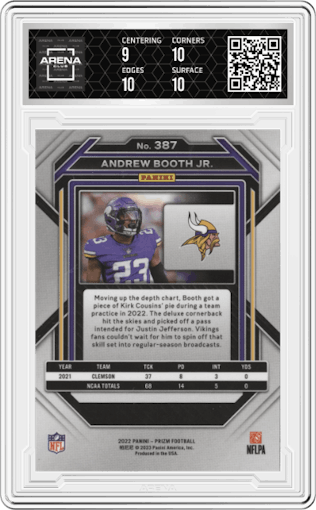 Andrew Booth Jr. from the 2022 Panini Prizm set graded by Arena Club and given an overall grade of 9.5.