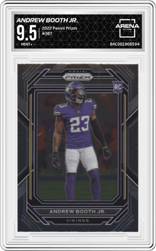 Andrew Booth Jr. from the 2022 Panini Prizm set graded by Arena Club and given an overall grade of 9.5.