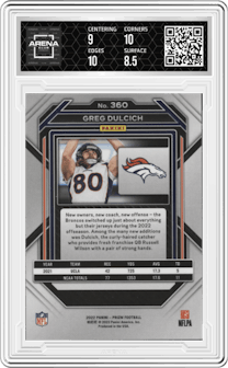 Greg Dulcich from the 2022 Panini Prizm set graded by Arena Club and given an overall grade of 9.