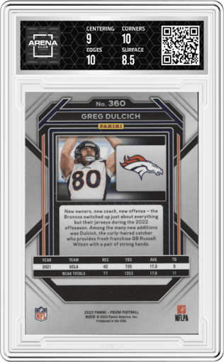 Greg Dulcich from the 2022 Panini Prizm set graded by Arena Club and given an overall grade of 9.