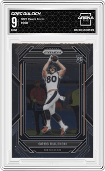 Greg Dulcich from the 2022 Panini Prizm set graded by Arena Club and given an overall grade of 9.