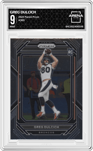 Greg Dulcich from the 2022 Panini Prizm set graded by Arena Club and given an overall grade of 9.