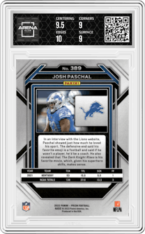 Josh Paschal from the 2022 Panini Prizm set graded by Arena Club and given an overall grade of 9.5.