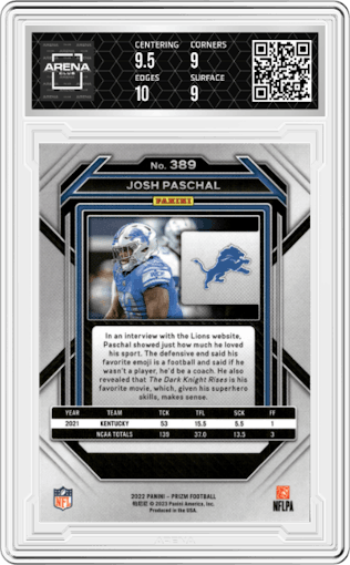 Josh Paschal from the 2022 Panini Prizm set graded by Arena Club and given an overall grade of 9.5.