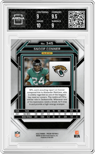 Snoop Conner  from the 2022 Panini Prizm set graded by Arena Club and given an overall grade of 9.5.