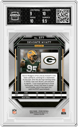 Devonte Wyatt from the 2022 Panini Prizm set graded by Arena Club and given an overall grade of 9.5.