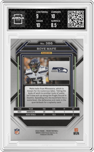 Boye Mafe from the 2022 Panini Prizm set graded by Arena Club and given an overall grade of 9.