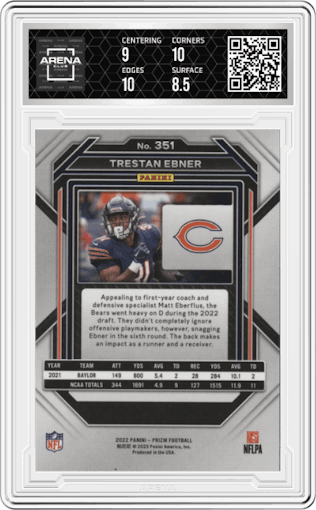 Trestan Ebner from the 2022 Panini Prizm set graded by Arena Club and given an overall grade of 9.