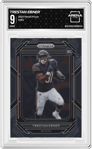Trestan Ebner from the 2022 Panini Prizm set graded by Arena Club and given an overall grade of 9.