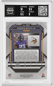 Andrew Booth Jr. from the 2022 Panini Prizm set graded by Arena Club and given an overall grade of 9.5.