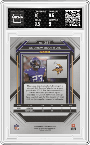 Andrew Booth Jr. from the 2022 Panini Prizm set graded by Arena Club and given an overall grade of 9.5.