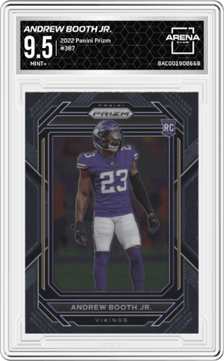 Andrew Booth Jr. from the 2022 Panini Prizm set graded by Arena Club and given an overall grade of 9.5.