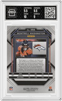 Montrell Washington from the 2022 Panini Prizm set graded by Arena Club and given an overall grade of 9.5.
