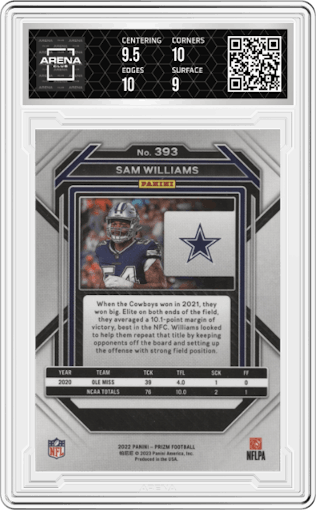 Sam Williams from the 2022 Panini Prizm set graded by Arena Club and given an overall grade of 9.5.