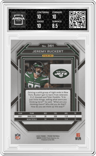  Jeremy Ruckert from the 2022 Panini Prizm set graded by Arena Club and given an overall grade of 9.