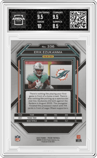 Erik Ezukanma from the 2022 Panini Prizm set graded by Arena Club and given an overall grade of 9.
