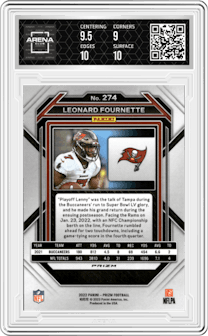 Leonard Fournette from the 2022 Panini Prizm set featuring a Silver Prizm parallel graded by Arena Club and given an overall grade of 9.5.