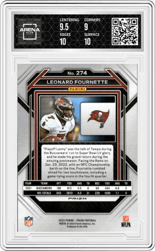 Leonard Fournette from the 2022 Panini Prizm set featuring a Silver Prizm parallel graded by Arena Club and given an overall grade of 9.5.