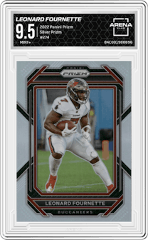 Leonard Fournette from the 2022 Panini Prizm set featuring a Silver Prizm parallel graded by Arena Club and given an overall grade of 9.5.