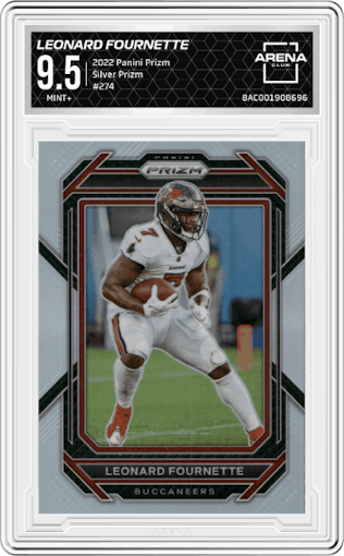 Leonard Fournette from the 2022 Panini Prizm set featuring a Silver Prizm parallel graded by Arena Club and given an overall grade of 9.5.