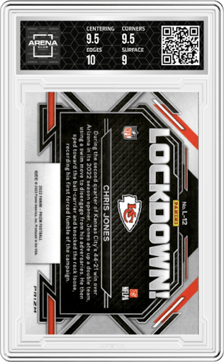 Chris Jones from the 2022 Panini Prizm set featuring a Silver Prizm parallel graded by Arena Club and given an overall grade of 9.5.