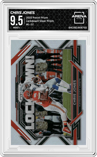 Chris Jones from the 2022 Panini Prizm set featuring a Silver Prizm parallel graded by Arena Club and given an overall grade of 9.5.