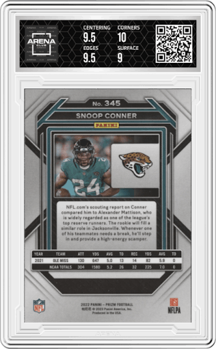 Snoop Conner  from the 2022 Panini Prizm set graded by Arena Club and given an overall grade of 9.5.