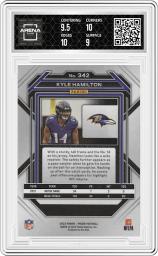 Kyle Hamilton from the 2022 Panini Prizm set graded by Arena Club and given an overall grade of 9.5.