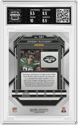  Jeremy Ruckert from the 2022 Panini Prizm set graded by Arena Club and given an overall grade of 9.