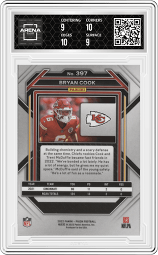 Bryan Cook from the 2022 Panini Prizm set graded by Arena Club and given an overall grade of 9.5.