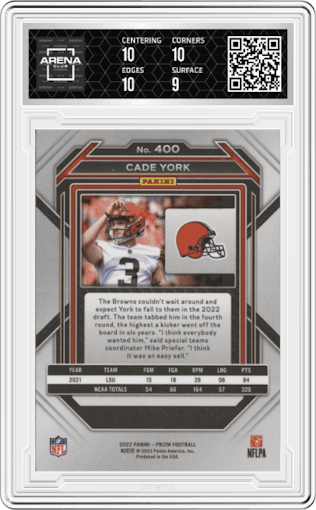 Cade York from the 2022 Panini Prizm set graded by Arena Club and given an overall grade of 9.5.