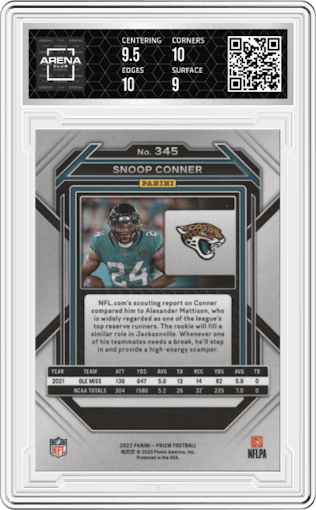 Snoop Conner  from the 2022 Panini Prizm set graded by Arena Club and given an overall grade of 9.5.