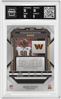 Phidarian Mathis from the 2022 Panini Prizm set graded by Arena Club and given an overall grade of 9.5.