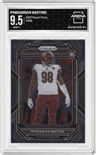Phidarian Mathis from the 2022 Panini Prizm set graded by Arena Club and given an overall grade of 9.5.
