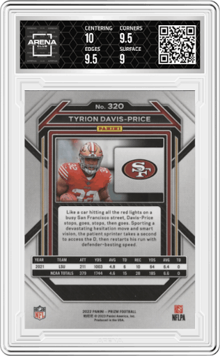 Tyrion Davis-Price from the 2022 Panini Prizm set graded by Arena Club and given an overall grade of 9.5.