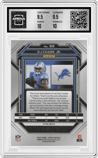 DJ Chark Jr. from the 2022 Panini Prizm set featuring a Silver Prizm parallel graded by Arena Club and given an overall grade of 10.