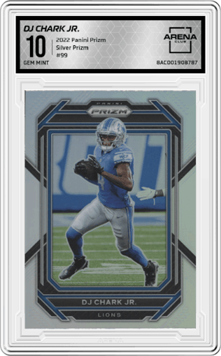 DJ Chark Jr. from the 2022 Panini Prizm set featuring a Silver Prizm parallel graded by Arena Club and given an overall grade of 10.